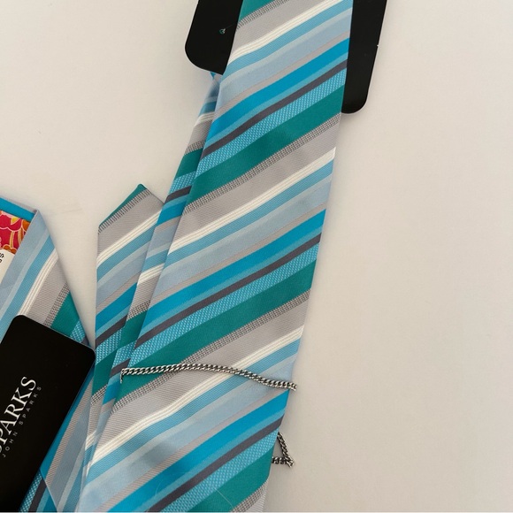 JOHN SPARKS MULTICOLORED STRIPED NECKTIE, POCKET SQUARE AND TIE CHAIN NWT - Picture 4 of 14